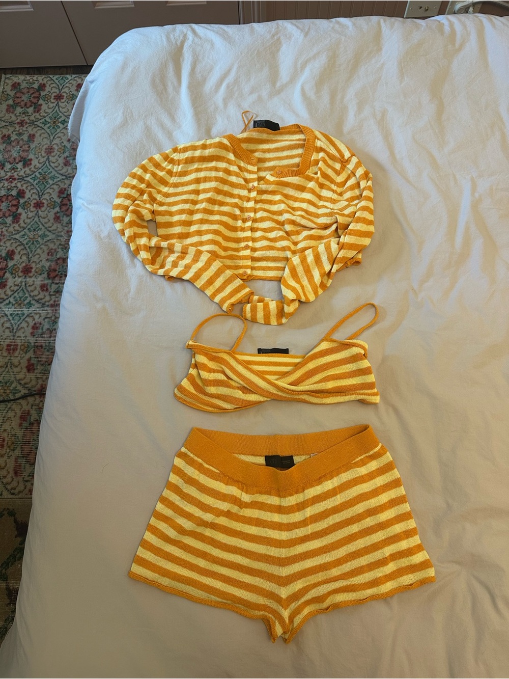 Zara Yellow & Cream Striped Knit 3-Piece Pajama Set